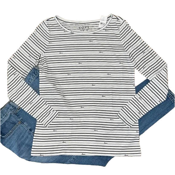 NWT LOFT White W/Black "Love" Stripe Print Long Sleeve Vintage Cotton Tee - XS - Picture 1 of 9